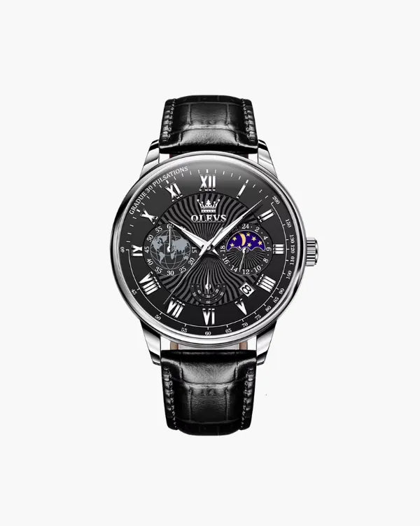 Montre Phase de Lune – Cadran Noir, Élégance Classique
